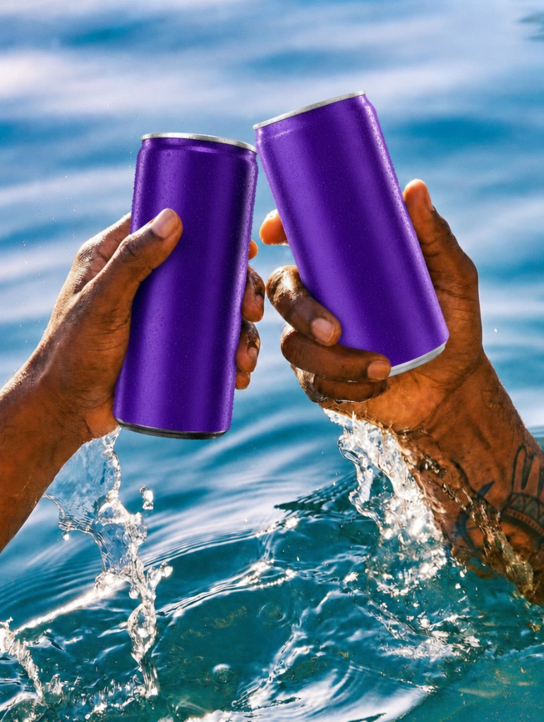 Friends holding canned drinks in the ocean